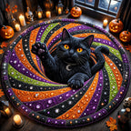 Jeweled Black Cat Round Mat Rug - Cute Animal Design | Charming Home Decor - washable non-slip printed rug