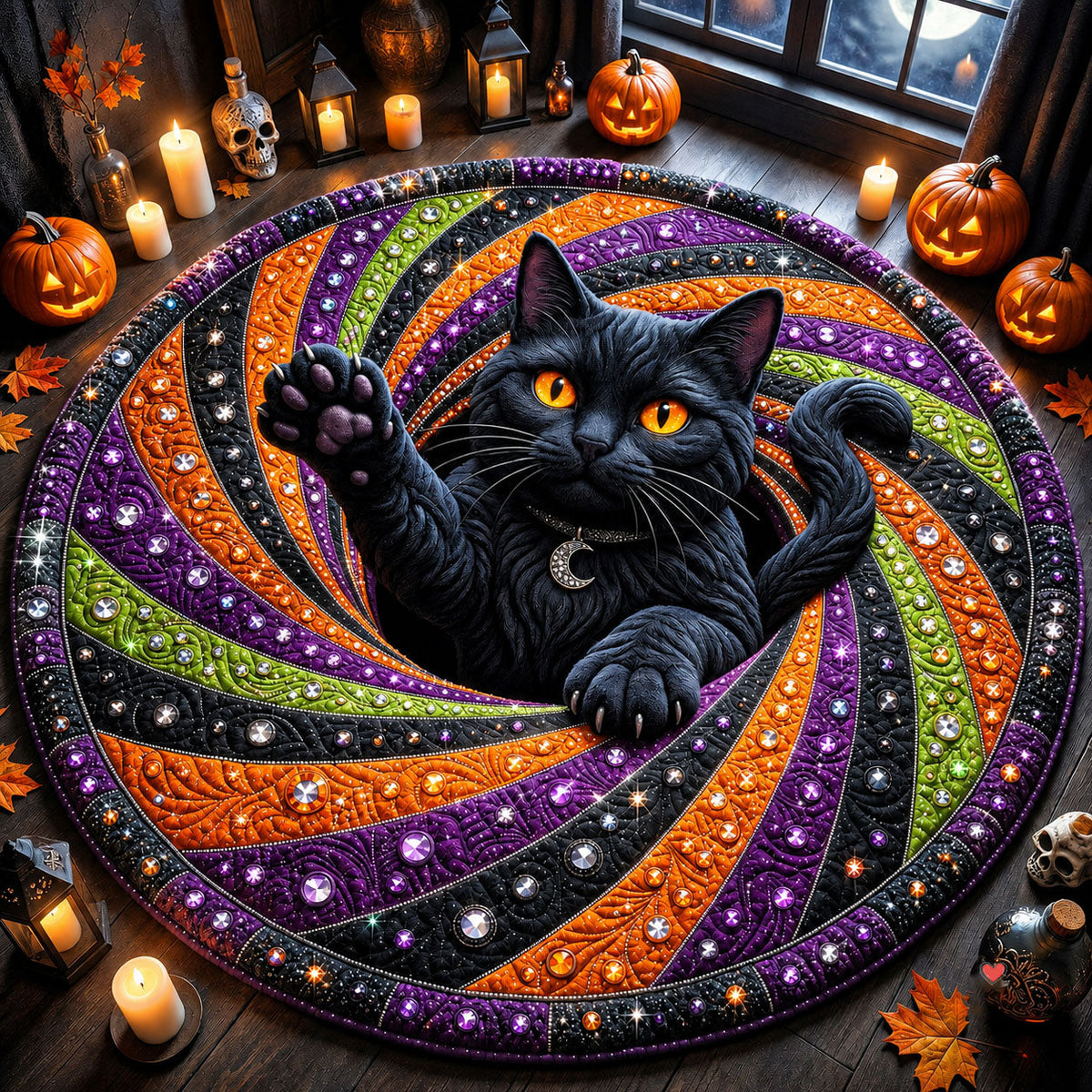 Jeweled Black Cat Round Mat Rug - Cute Animal Design | Charming Home Decor - washable non-slip printed rug