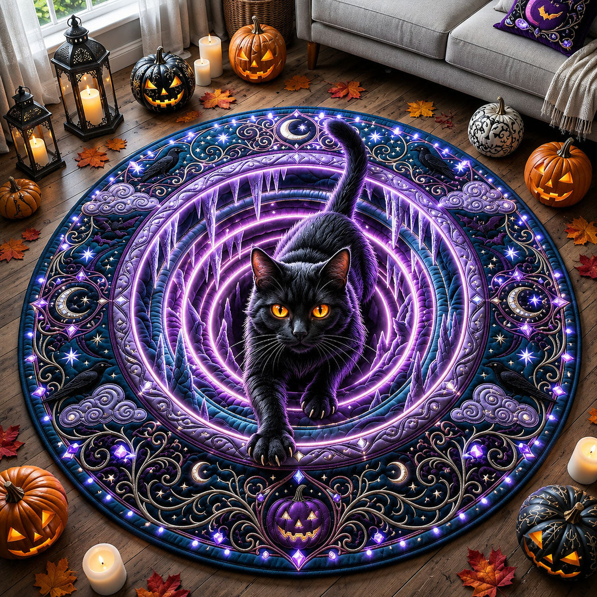 Jeweled Black Cat Round Mat Rug - Cute Animal Design | Cute Animal Round Rug - washable non-slip printed rug