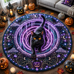 Jeweled Black Cat Round Mat Rug - Cute Animal Design | Cute Animal Round Rug - washable non-slip printed rug