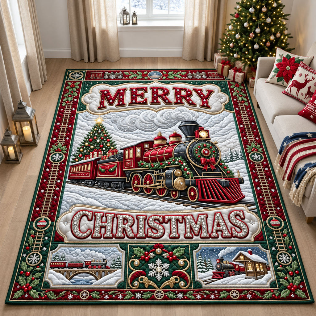 Jeweled Merry Christmas Train area rug in a living room
