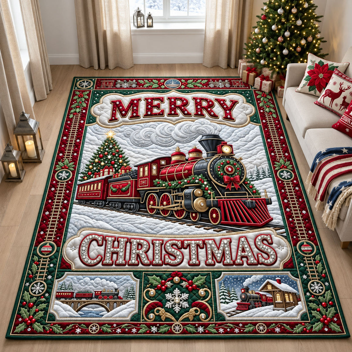 Jeweled Merry Christmas Train area rug in a living room