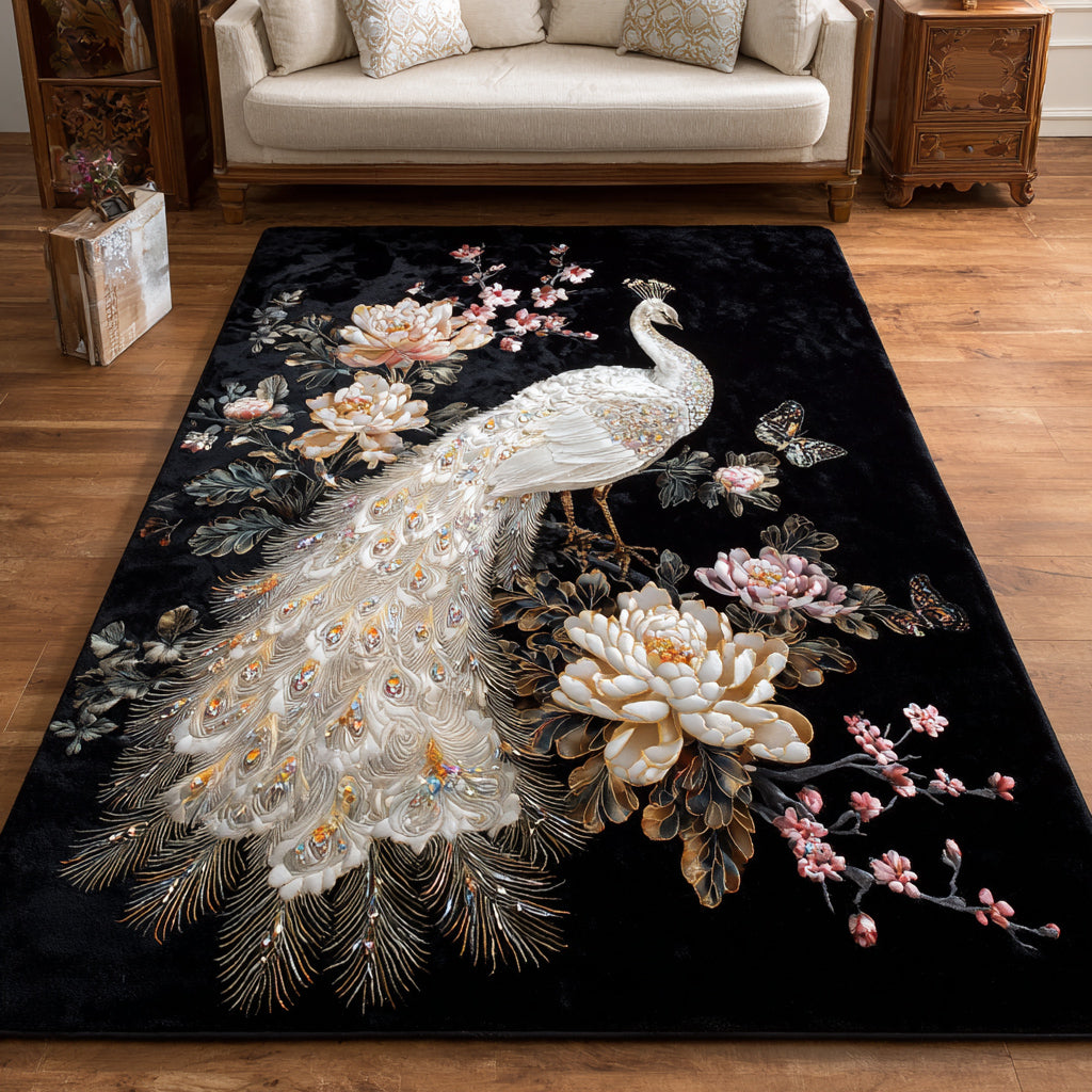 Jeweled Peacock Throne area rug in a living room
