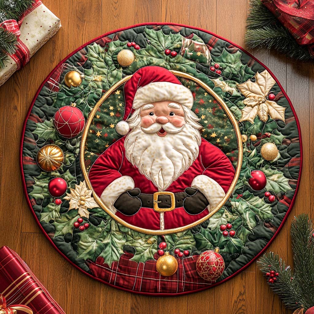 Jingle Bell Santa Christmas Round Mat Rug - washable non-slip printed rug
