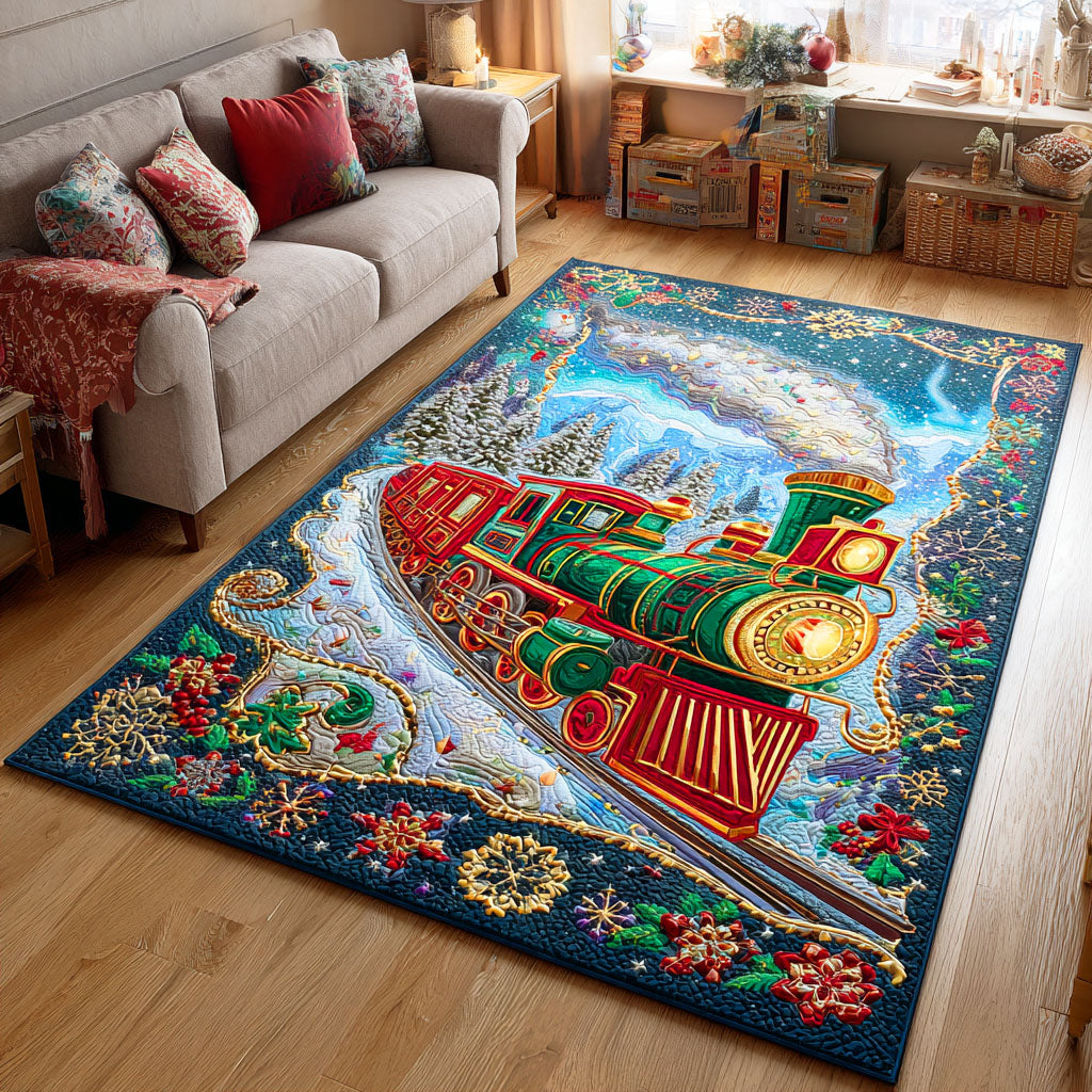 Jingle Bell Train area rug in a living room