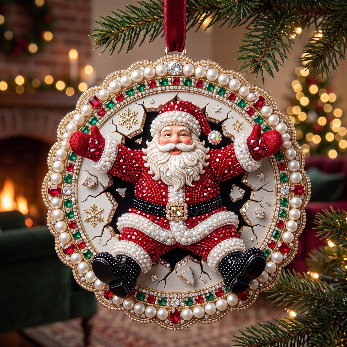 Jolly Santa Pearl Ring Christmas Ornament