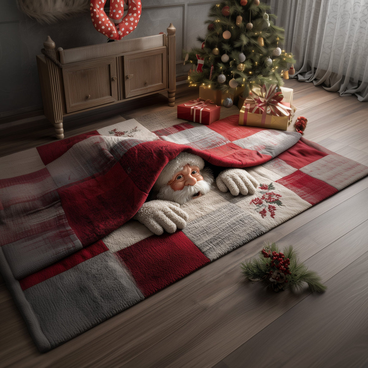 Jolly Santa area rug in a living room