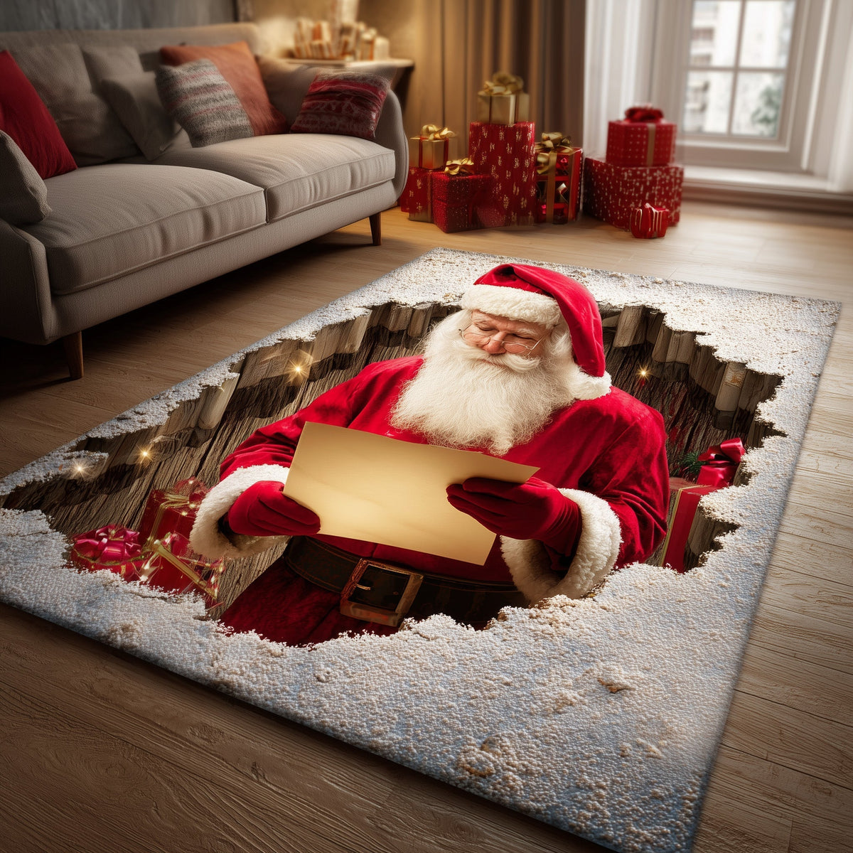 Jolly Santa area rug in a living room