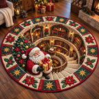 Jolly Santa Library Round Mat Rug - Seasonal Design | Festive Home Decor - washable non-slip printed rug