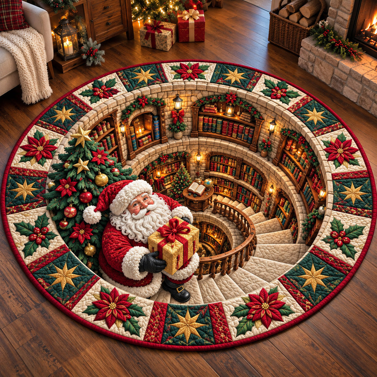 Jolly Santa Library Round Mat Rug - Seasonal Design | Festive Home Decor - washable non-slip printed rug