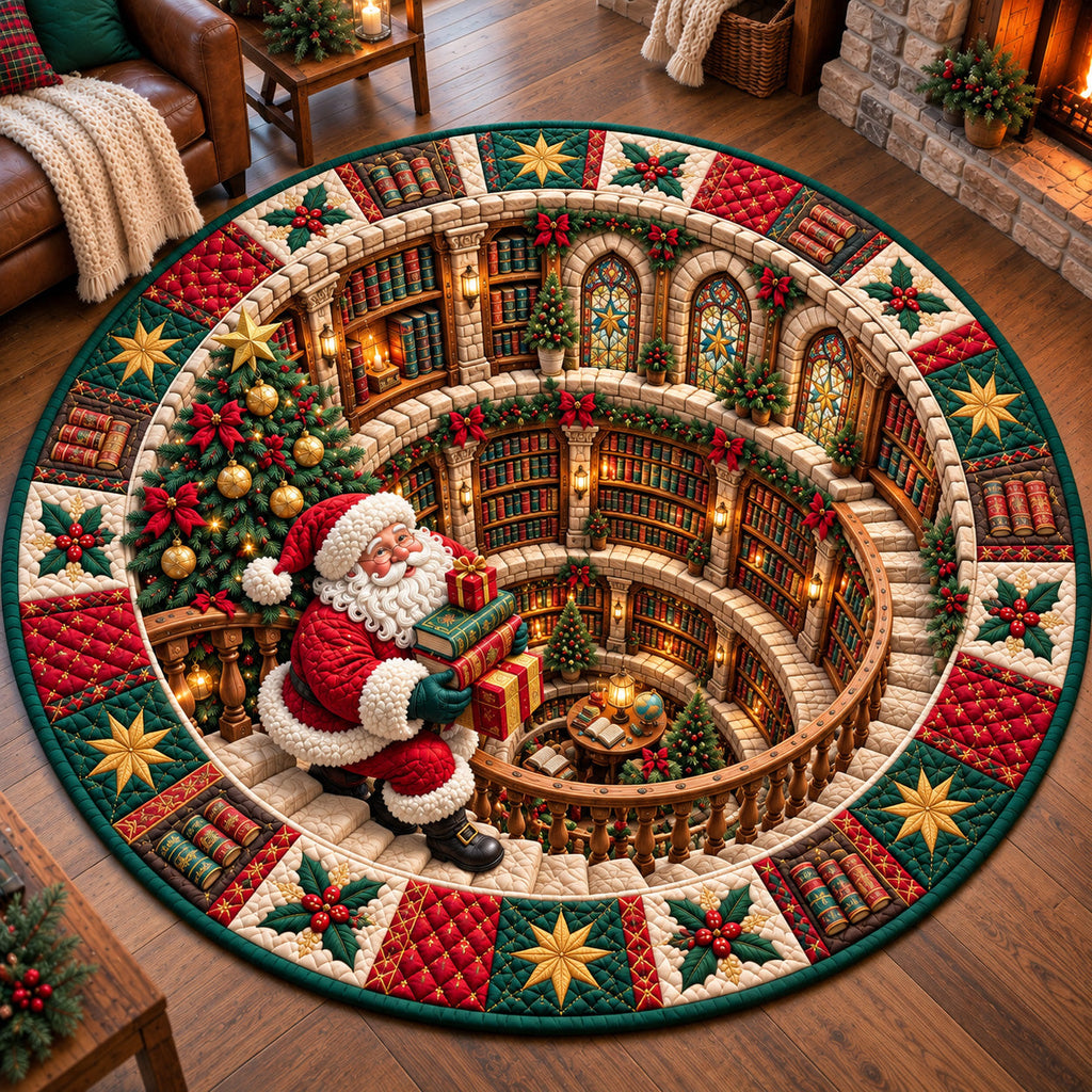 Jolly Santa Library Round Mat Rug - Seasonal Design | Seasonal Round Rug - washable non-slip printed rug