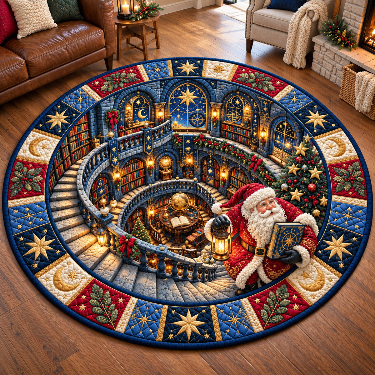 Jolly Santa Library Round Mat Rug - Seasonal Design | Seasonal Round Area Rug - washable non-slip printed rug
