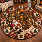 Jolly Santa Library Round Mat Rug - Seasonal Design | Seasonal Circle Rug - washable non-slip printed rug