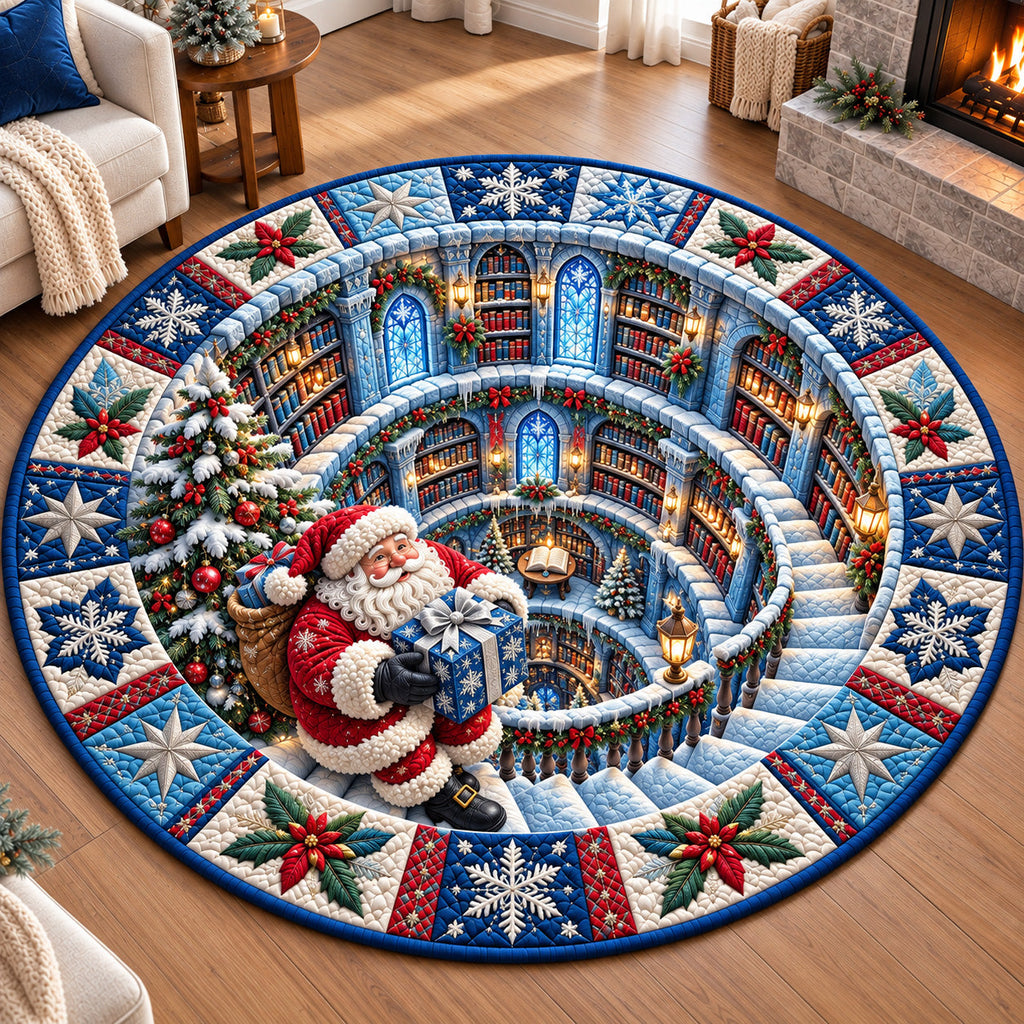 Jolly Santa Library Round Mat Rug - Seasonal Design | Seasonal Round Carpet - washable non-slip printed rug