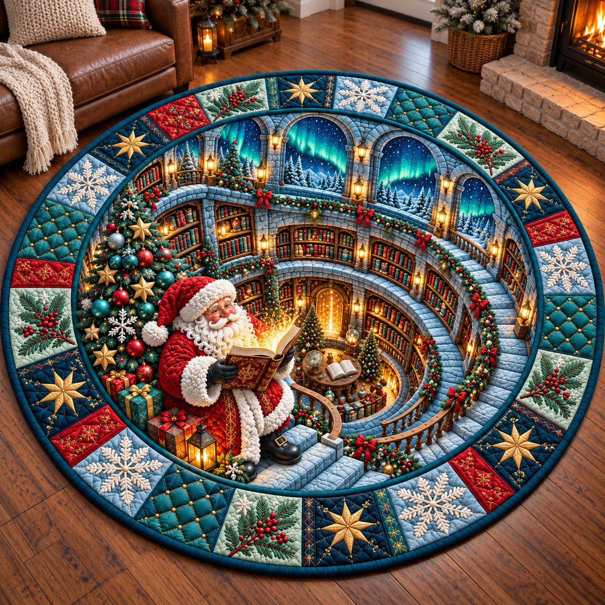 Jolly Santa Library Round Mat Rug - Seasonal Design | Seasonal Round Living Room Rug - washable non-slip printed rug