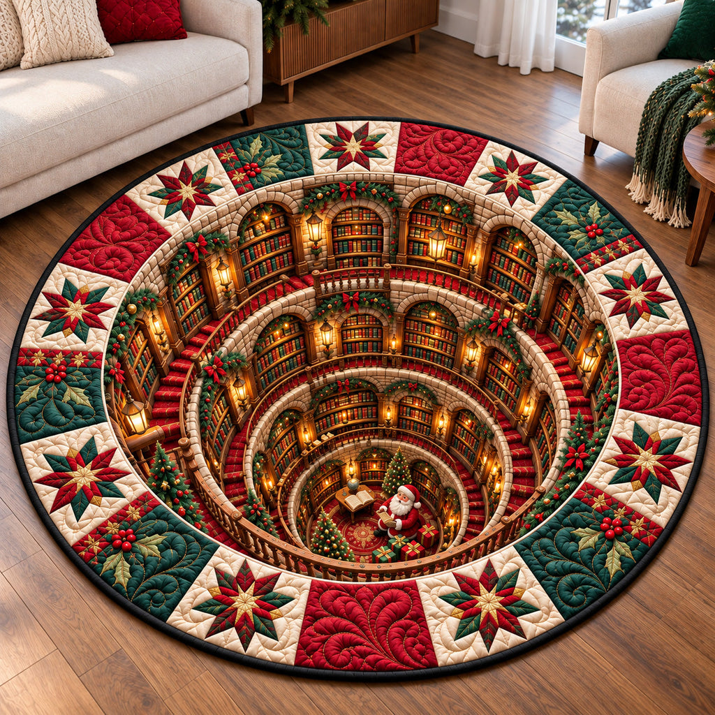 Jolly Santa Library Round Mat Rug - Seasonal Design | Seasonal Round Bedroom Rug - washable non-slip printed rug
