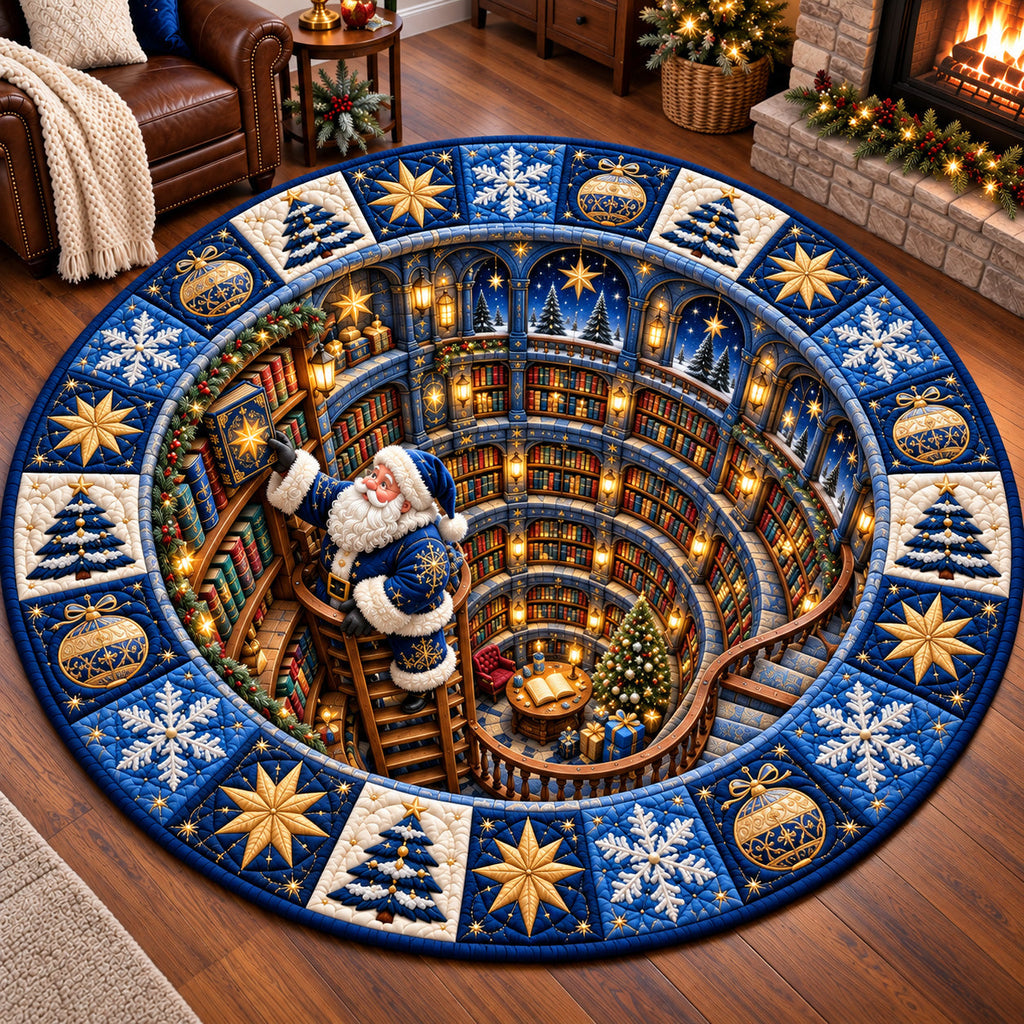 Jolly Santa Library Round Mat Rug - Seasonal Design | Seasonal Round Floor Mat - washable non-slip printed rug