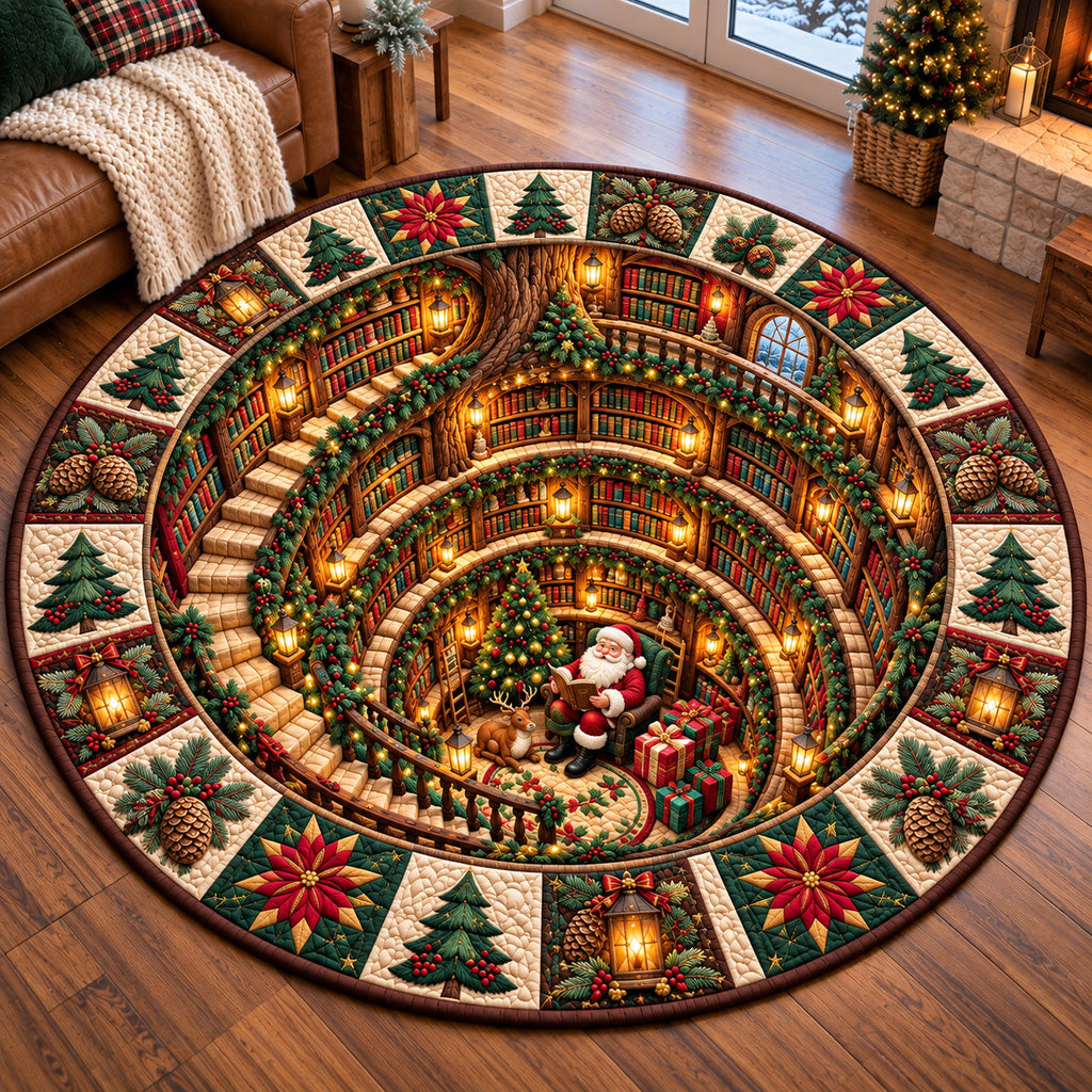 Jolly Santa Library Round Mat Rug - Seasonal Design | Seasonal Washable Round Rug - washable non-slip printed rug