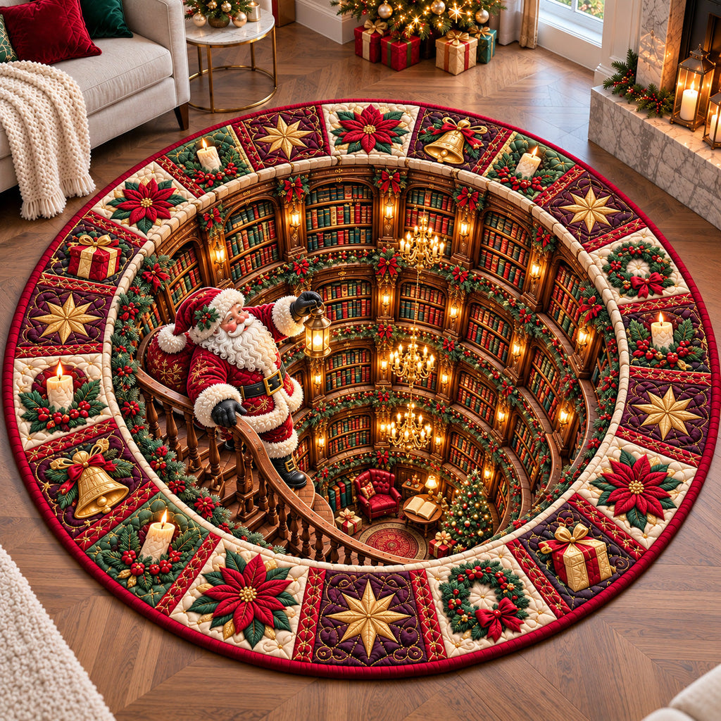 Jolly Santa Library Round Mat Rug - Seasonal Design | Seasonal Non-Slip Round Rug - washable non-slip printed rug