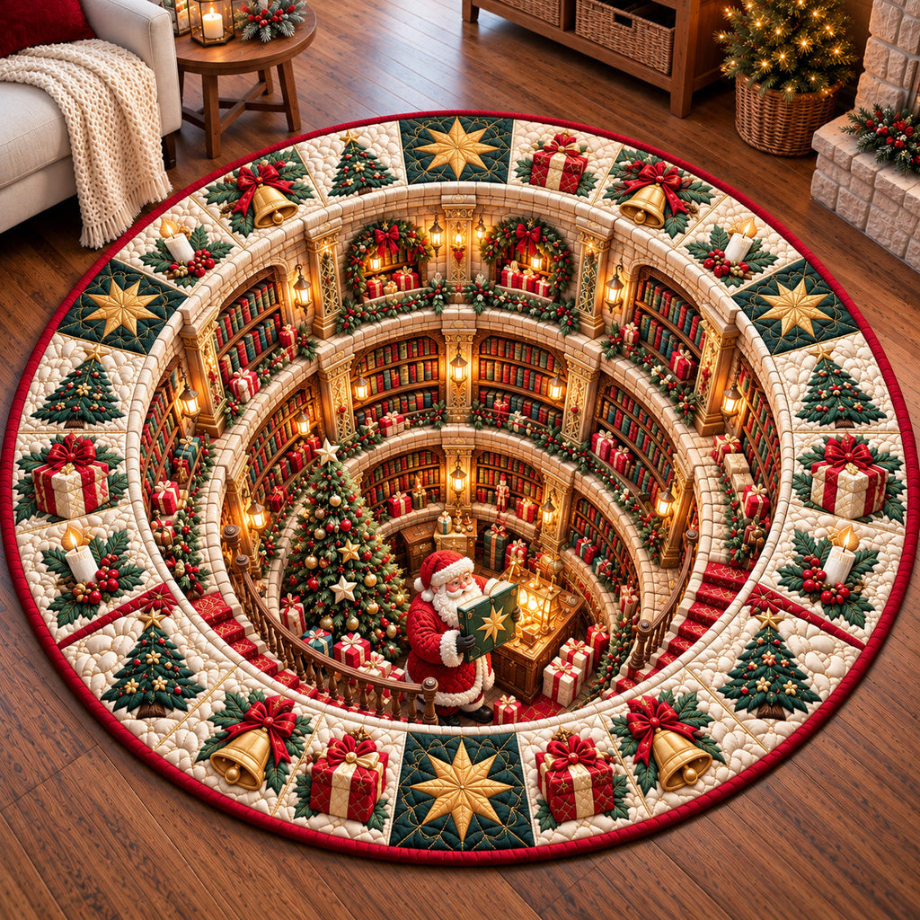 Jolly Santa Library Round Mat Rug - Seasonal Design | Seasonal Velvet Round Rug - washable non-slip printed rug