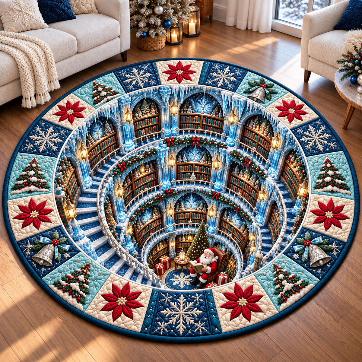 Jolly Santa Library Round Mat Rug - Seasonal Design | Non-Slip Round Rug #12 - washable non-slip printed rug