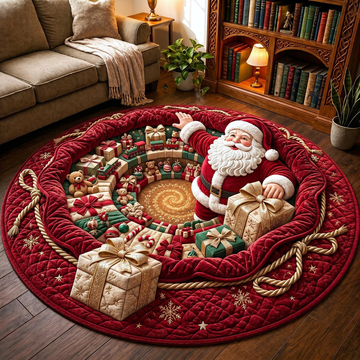 Jolly Santa Round Mat Rug - Seasonal Design | Festive Home Decor - washable non-slip printed rug