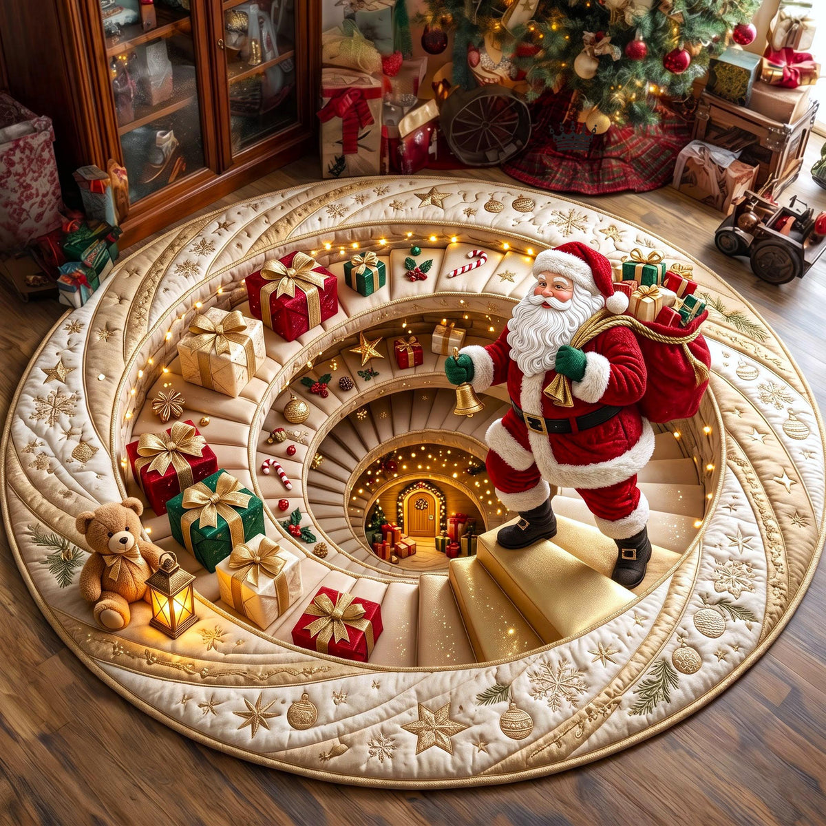 Jolly Santa Round Mat Rug - Seasonal Design | Seasonal Round Rug - washable non-slip printed rug