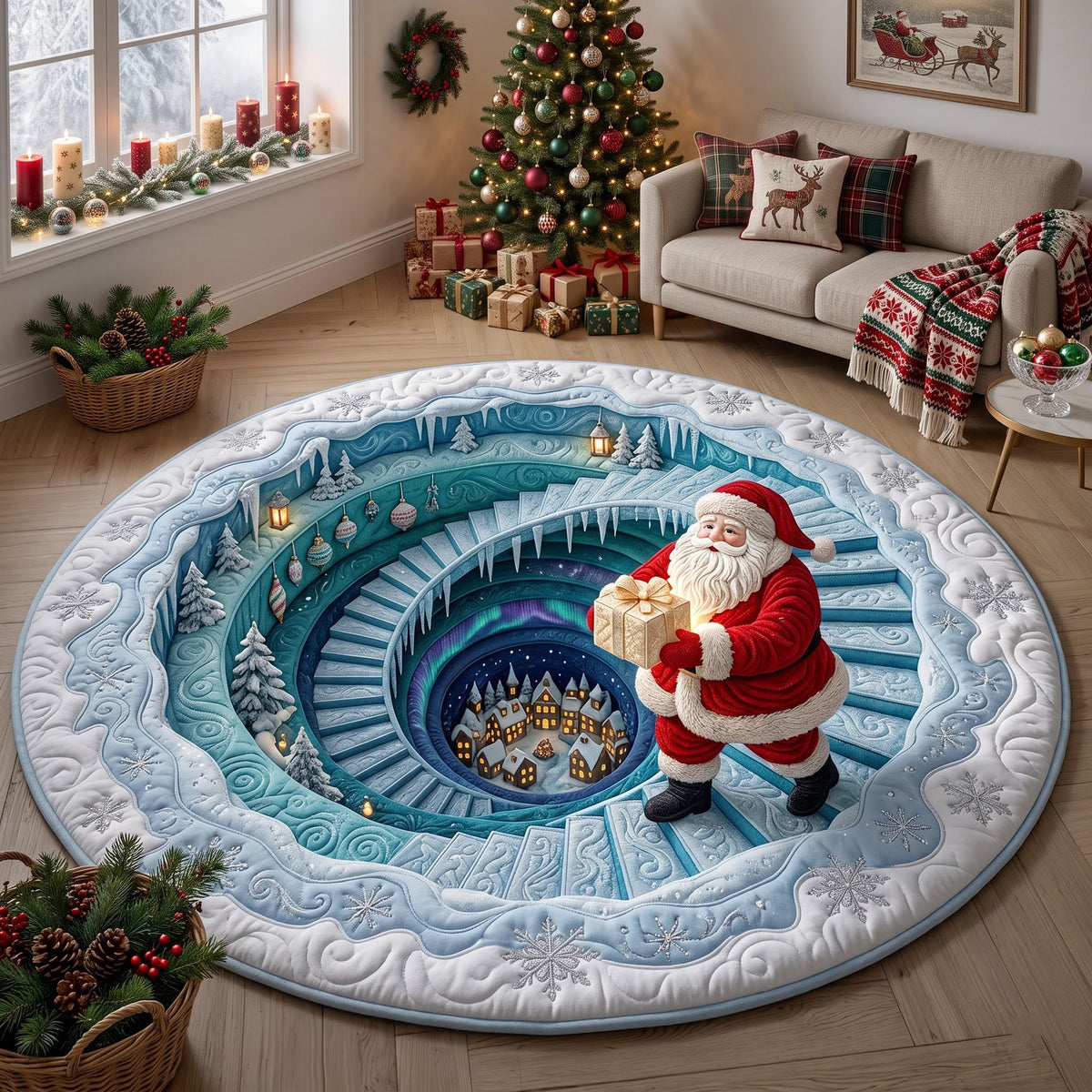 Jolly Santa Round Mat Rug - Seasonal Design | Seasonal Round Area Rug - washable non-slip printed rug