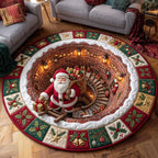 Jolly Santa Round Mat Rug - Seasonal Design | Seasonal Round Living Room Rug - washable non-slip printed rug