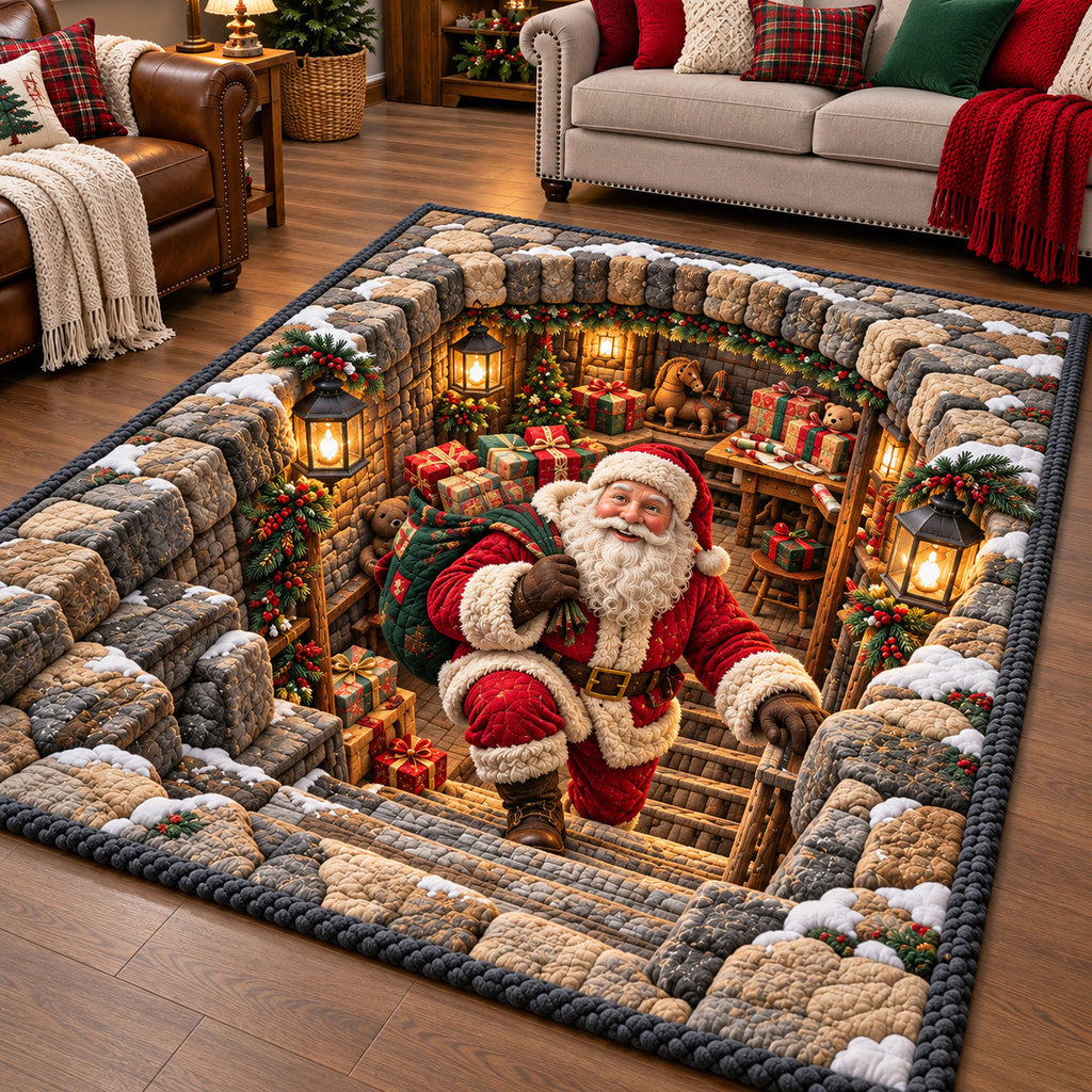 Jolly Santa Workshop area rug in a living room