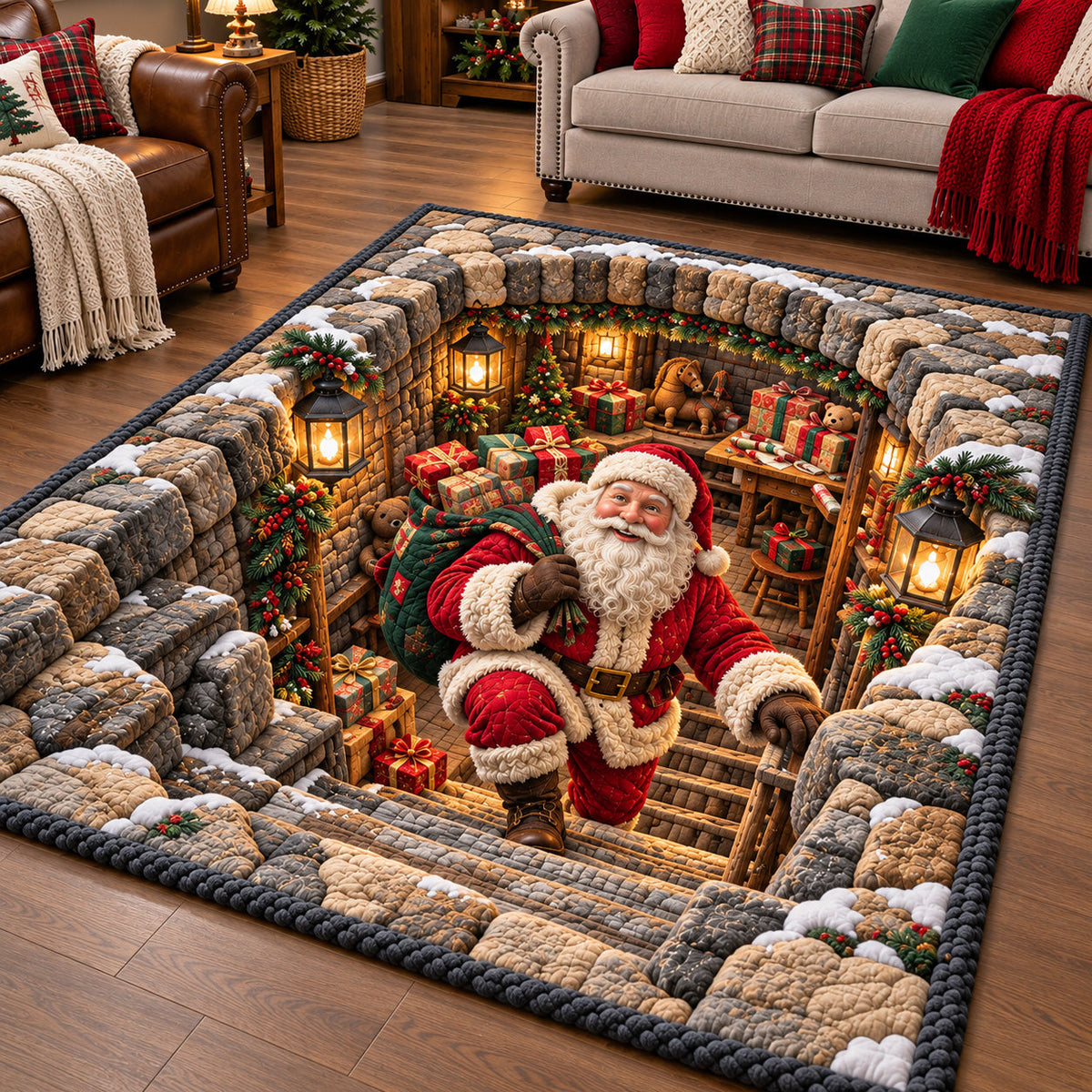 Jolly Santa Workshop area rug in a living room