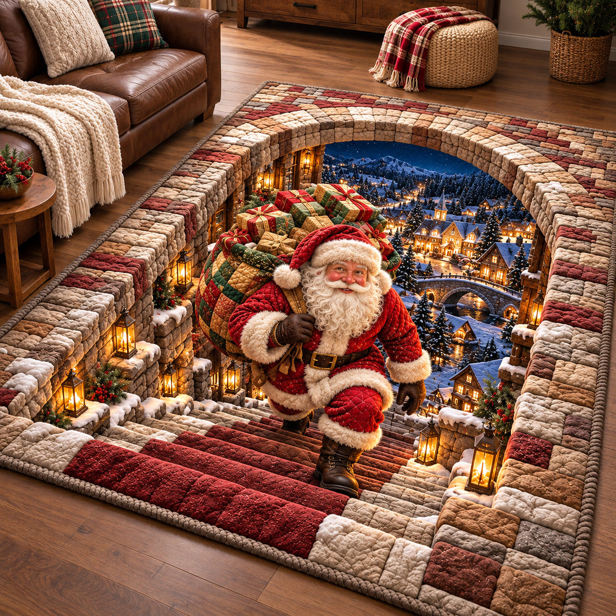 Jolly Santa Workshop area rug in a living room