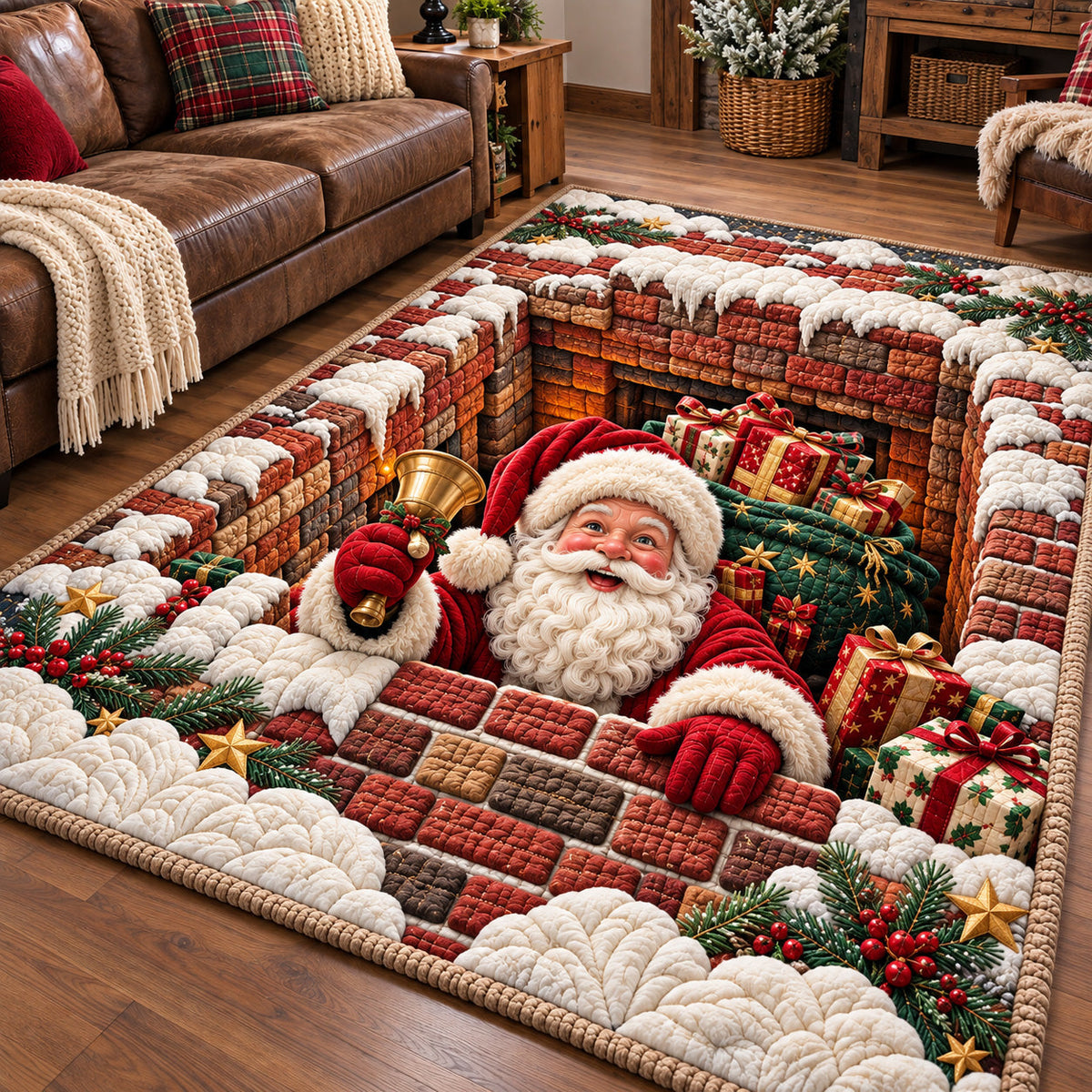 Jolly Santa Workshop area rug in a living room