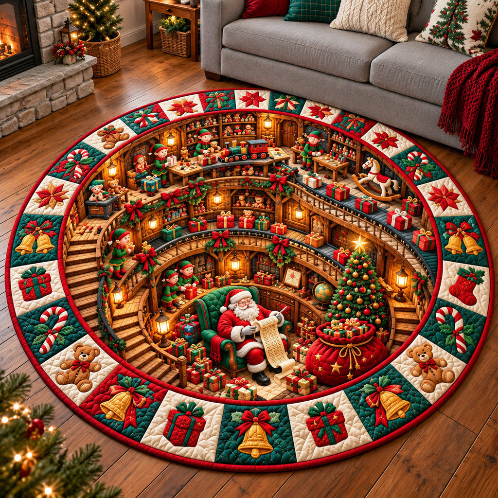 Jolly Santa Workshop Round Mat Rug - Seasonal Design | Festive Home Decor - washable non-slip printed rug