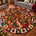 Jolly Santa Workshop Round Mat Rug - Seasonal Design | Festive Home Decor - washable non-slip printed rug