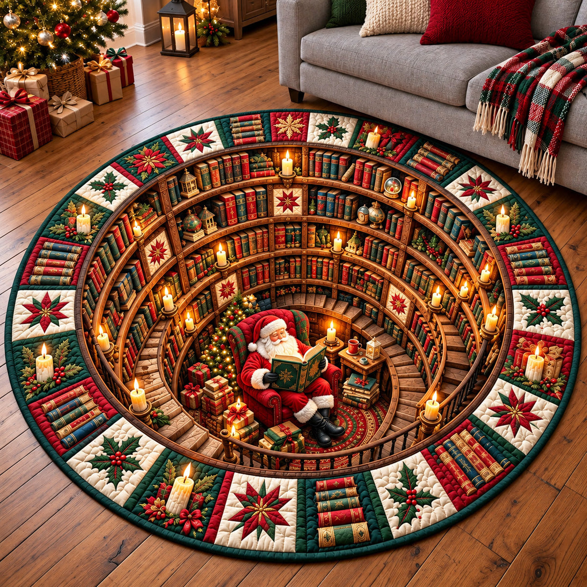 Jolly Santa Workshop Round Mat Rug - Seasonal Design | Seasonal Round Rug - washable non-slip printed rug