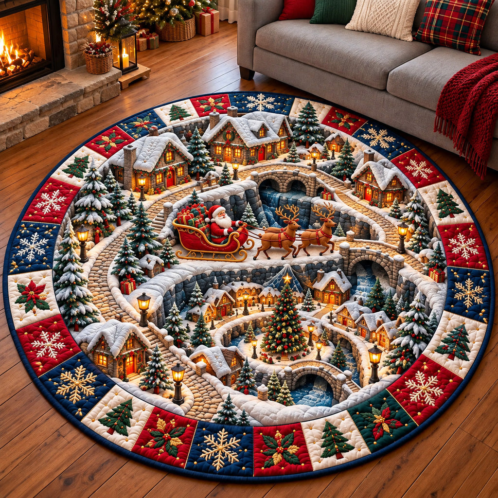 Jolly Santa Workshop Round Mat Rug - Seasonal Design | Seasonal Round Area Rug - washable non-slip printed rug