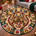 Jolly Santa Workshop Round Mat Rug - Seasonal Design | Seasonal Round Living Room Rug - washable non-slip printed rug