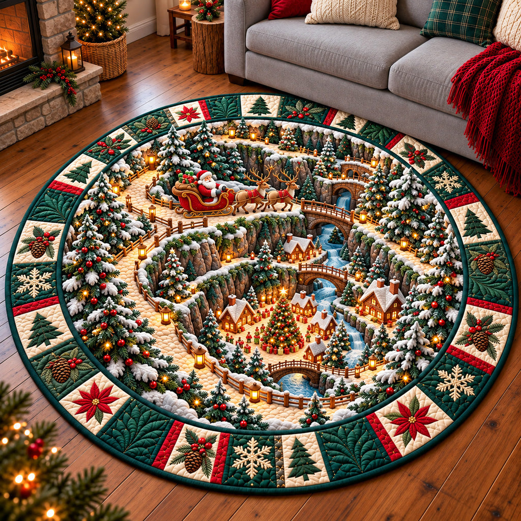 Jolly Santa Workshop Round Mat Rug - Seasonal Design | Seasonal Round Bedroom Rug - washable non-slip printed rug