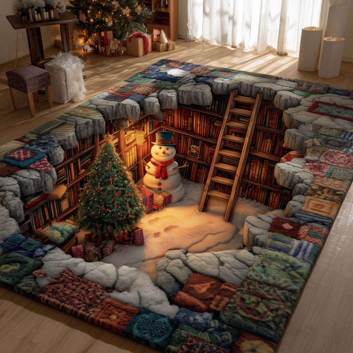 Jolly Snowman area rug in a living room