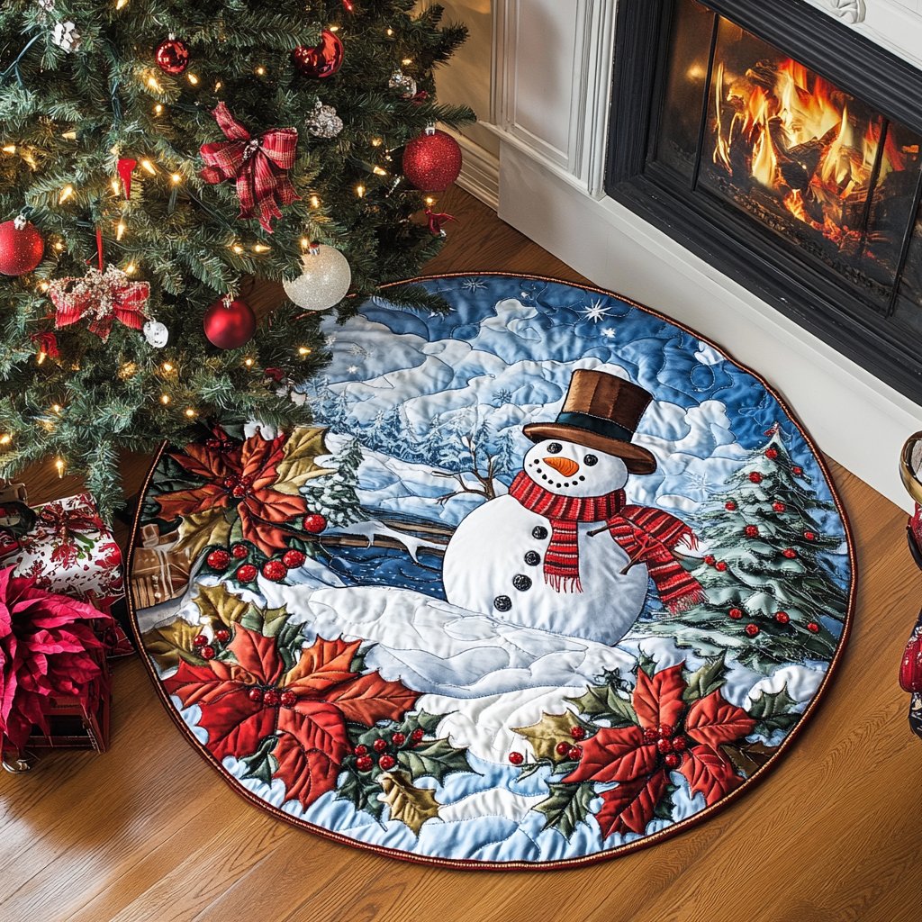 Jolly Snowman Xmas Christmas Round Mat Rug - washable non-slip printed rug