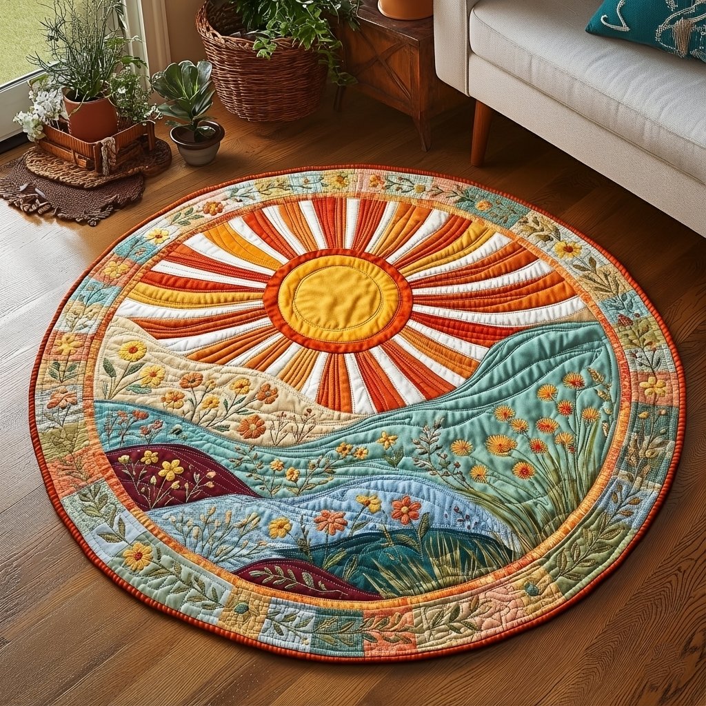 Joyful Horizon Round Mat Rug - washable non-slip printed rug