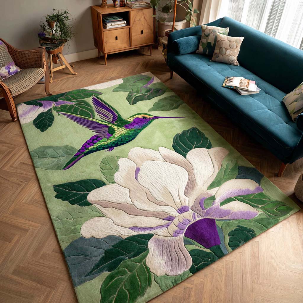 Joyful Hummingbird area rug in a living room