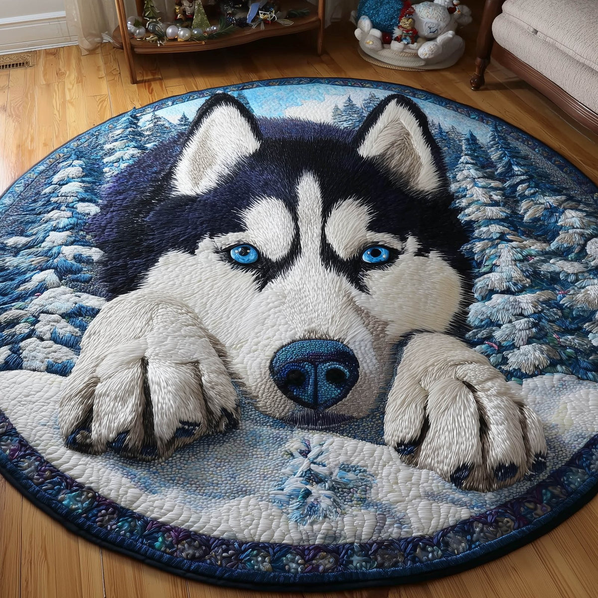 Joyful Husky Round Mat Rug - Nature Design | Serene Home Decor