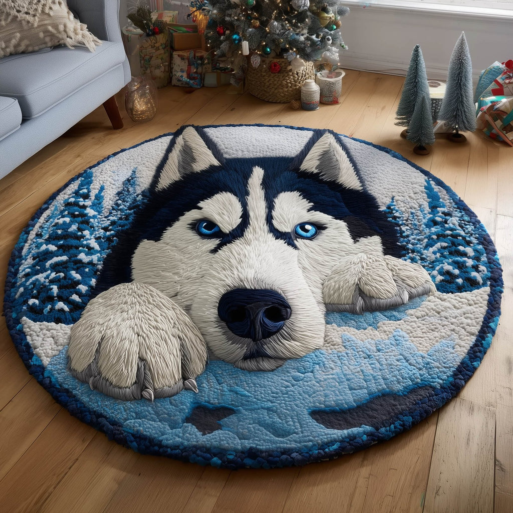 Joyful Husky Round Mat Rug - Nature Design | Serene Home Decor