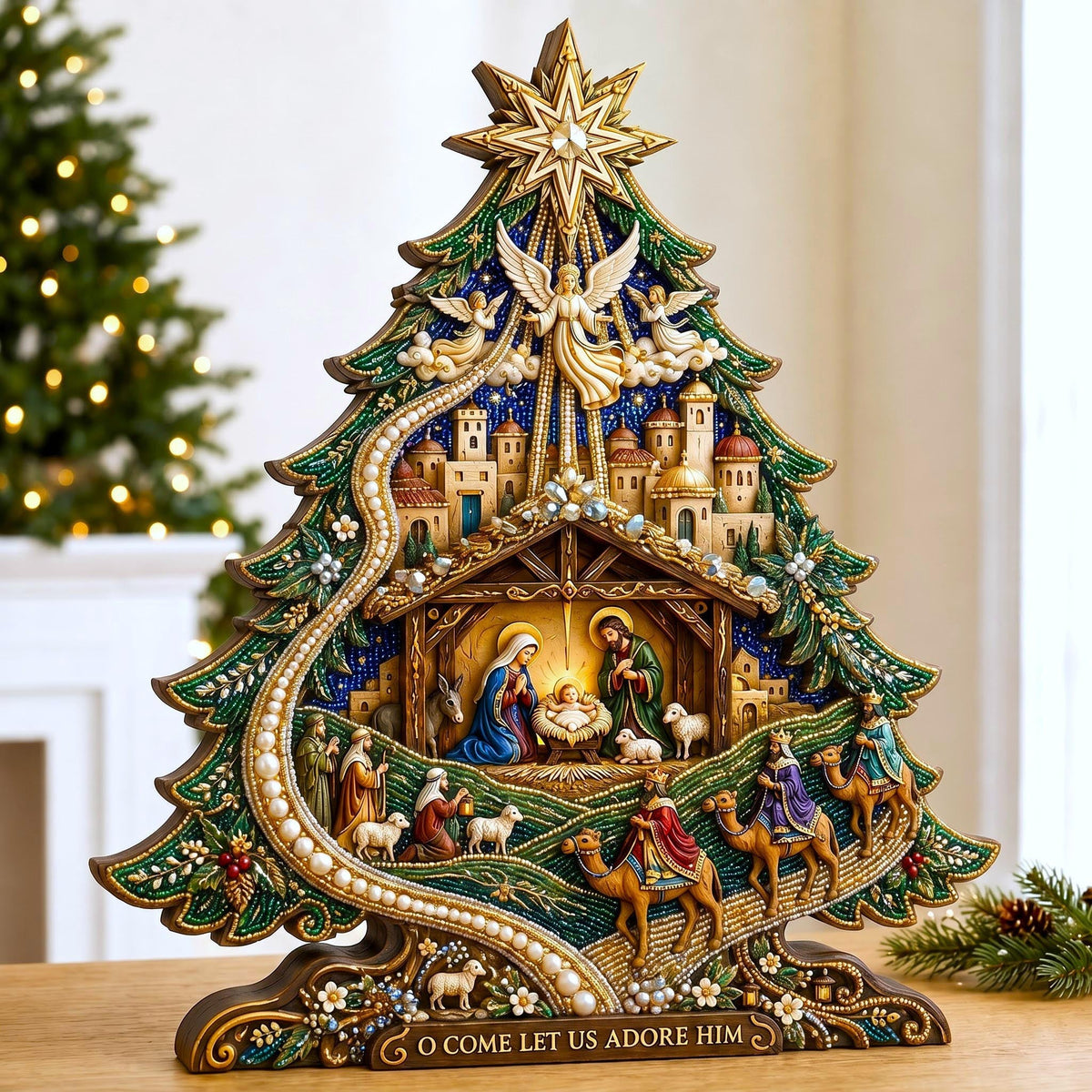 Joyful Nativity Tree wooden block, laser-cut 3-layer wood