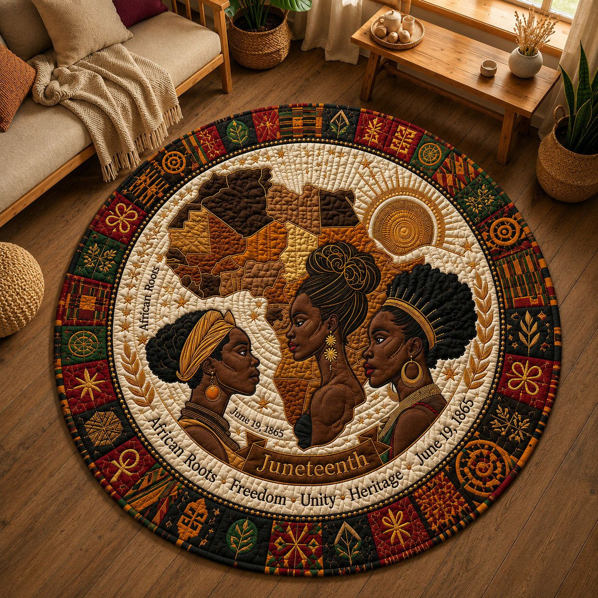 Juneteenth African Roots Round Mat Rug - washable non-slip printed rug