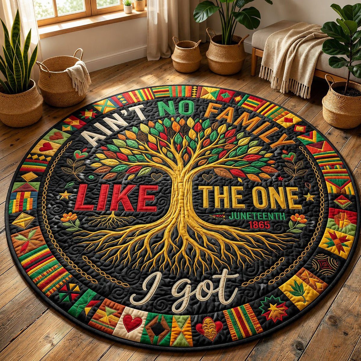 Juneteenth Family Tree Round Mat Rug - washable non-slip printed rug