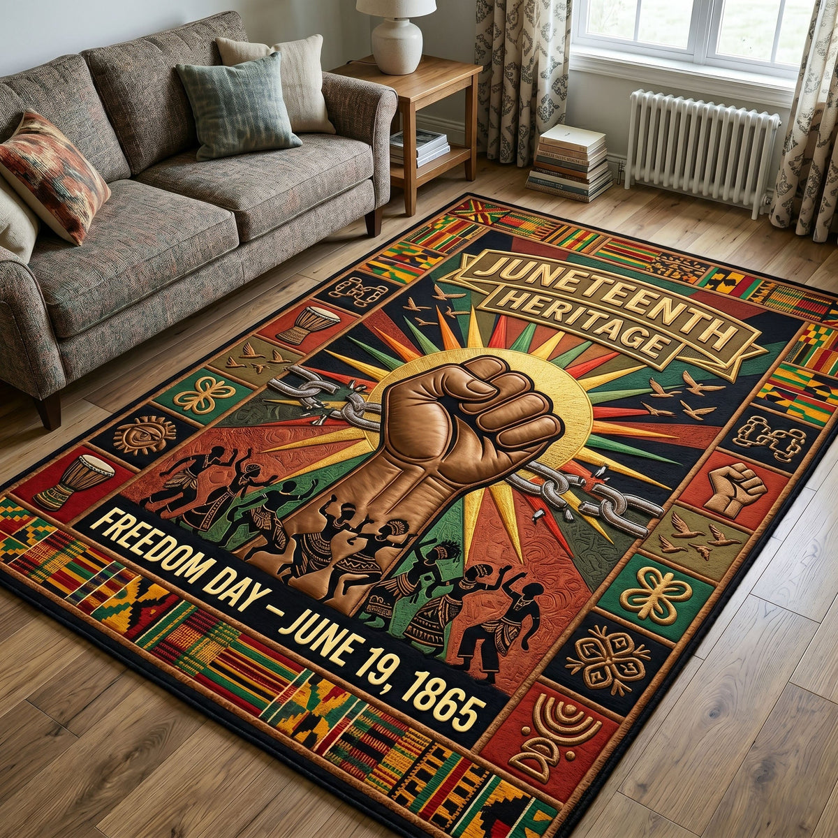 Juneteenth Legacy area rug in a living room
