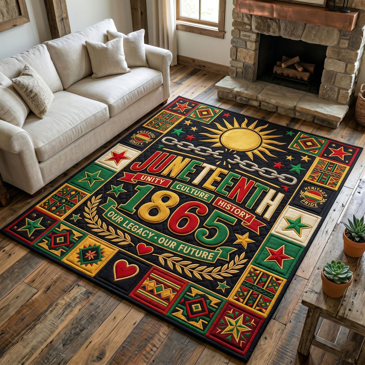 Juneteenth Legacy area rug in a living room